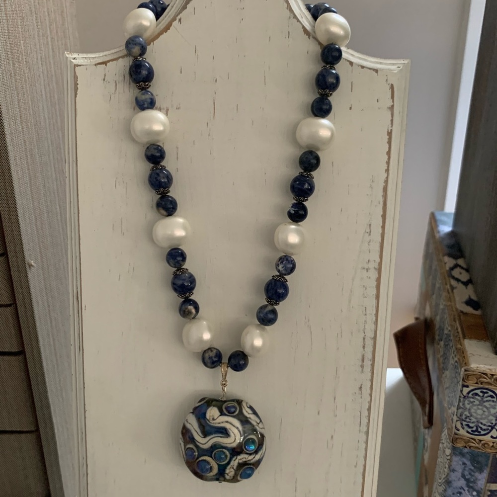 Navy and Pearl Necklace with Lamplight Pendant